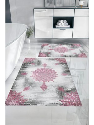 PremiumPort Yıkanabilir Dijital Baskılı Sade Vektör Desenli Banyo Paspası Klozet Takımı