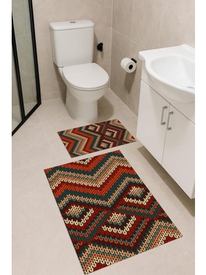 PremiumPort Örgü Desenli Banyo Paspas Takımı 2'li, Dijital Baskı, Makinede Yıkanabilir