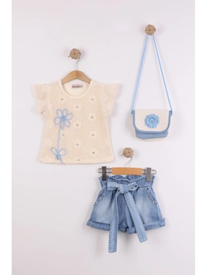 Joy Kids Kız Çocuk Çanta Hediyeli Vintage Premium Kot Takım (2-5yaş) (Ekru-Kot)