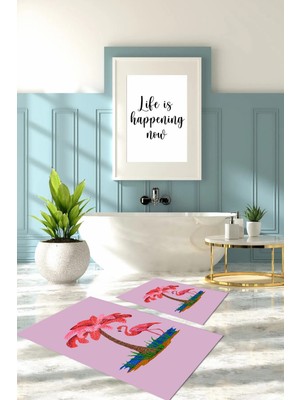 PremiumPort Yıkanabilir Flamingo Desenli Banyo Paspası ve Klozet Takımı Seti