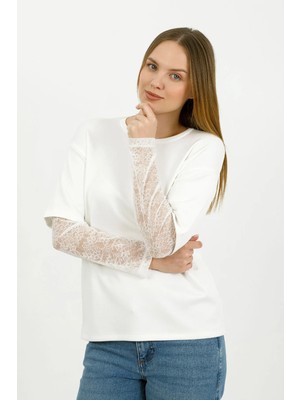 Hdm Kadın Ekru Kolu Dantelli Oversize Bisiklet Yaka Tişört - H6060