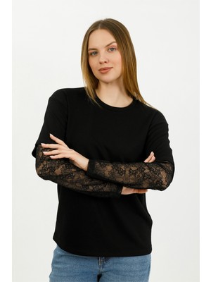 Hdm Kadın Siyah Kolu Dantelli Oversize Bisiklet Yaka Tişört - H6060