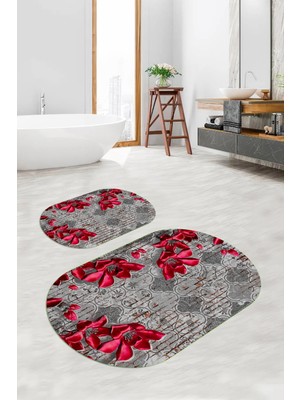 PremiumPort Yıkanabilir Çiçekli Oval Banyo Paspası Çiftli Set
