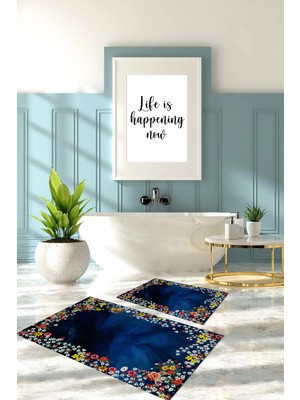 PremiumPort Renkli Çiçek Desenli Yıkanabilir Banyo Paspası ve Klozet Takımı