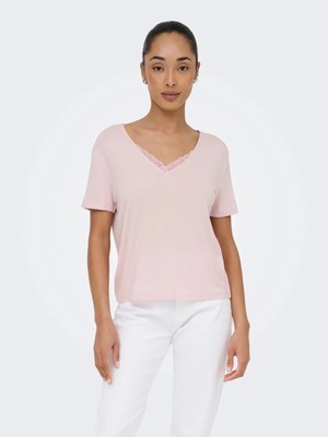 Only Onlrilla S/s V-Neck Lace Top Jrs Kadın T-Shirt Pembe (15369760)