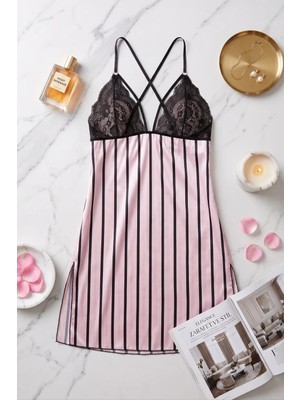QKK Kadın Siyah Pembe Çizgili Dantelli Saten Gecelik Ince Askılı Mini Gecelik