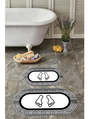 PremiumPort Yıkanabilir Çerçeveli Ayak Baskılı Oval Banyo Paspası Klozet Takımı