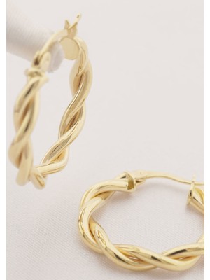 İryum Parlak Çift Burgu 14 Ayar Altın Halka Küpe-Büyük Boy