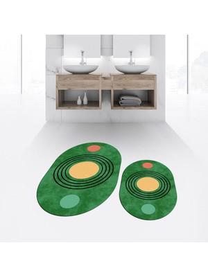 PremiumPort Yıkanabilir Oval Ikili Banyo Paspası Seti, Kaymaz Taban, Yeşil