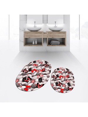 PremiumPort Yıkanabilir Oval Kaymaz Banyo Paspası ve Klozet Takımı Seti