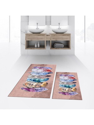 PremiumPort Kaymaz Dijital Baskılı Yıkanabilir Banyo Paspas ve Klozet Takımı