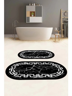 PremiumPort Dijital Yıkanabilir Oval Mermer Model Banyo Paspası ve Klozet Takımı