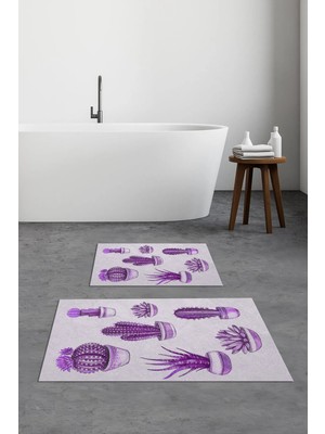 PremiumPort Yıkanabilir Kaktüs Desenli Kaymaz Banyo Paspası Seti, 2'li Halı Takımı