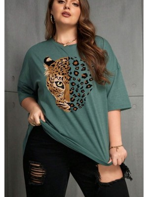 Punix Punıx Büyük Beden Özel Tasarım Art Leopar Baskılı Rahat Kalıp Şık Yazlık Battal Kadınt-Shırt