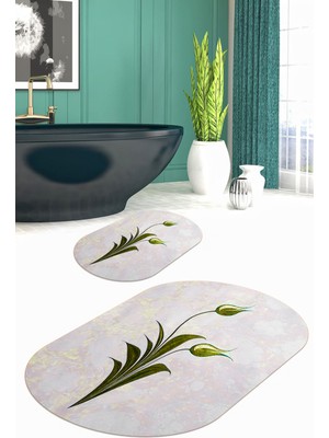 PremiumPort Yıkanabilir Çiçek Desenli Oval Banyo Paspası, Kaymaz Taban, 2'li Set