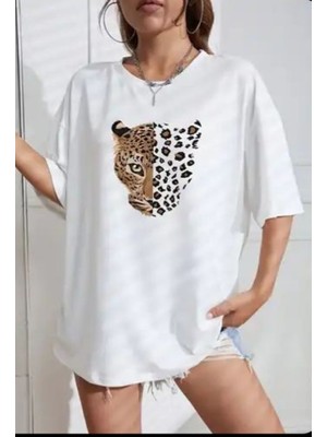 Punix Punıx Büyük Beden Özel Tasarım Art Leopar Baskılı Rahat Kalıp Şık Yazlık Battal Kadınt-Shırt