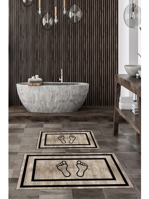 PremiumPort Yıkanabilir Ayak Izi Desenli Dijital Banyo Paspası 2'li Klozet Takımı