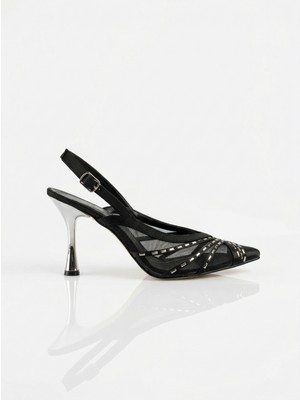 Zarif Siyah File Detaylı Saten Taşlı Sivri Burun Arkası Açık Ince Topuklu Ayakkabı – Şık Kadın Abiye Model