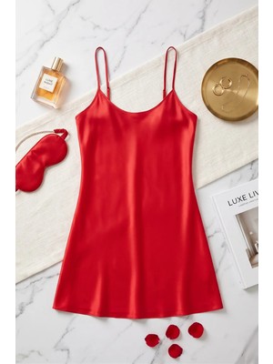 QKK Kadın Kırmızı Saten Gecelik Ince Askılı Mini Gecelik Takımı
