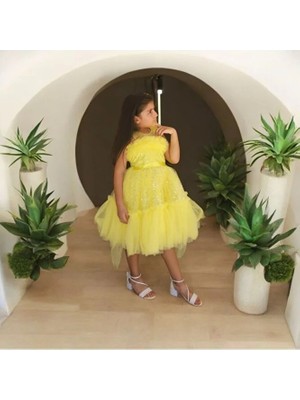 Ahsenim Bebe Göğüs Fırfırlı Pullu Kısa Kız Çocuk Abiye Elbise