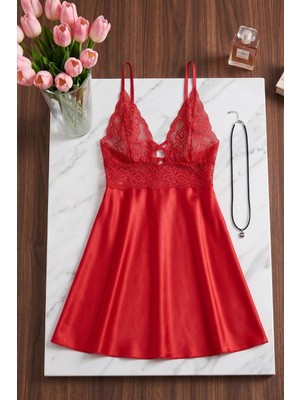 QKK Kırmızı Dantel Işlemeli Saten Gecelik - Göğüs Dekolteli Mini Gecelik