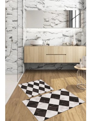 PremiumPort Dijital Baskılı Yıkanabilir Mermer Desenli Banyo Paspası ve Klozet Takımı