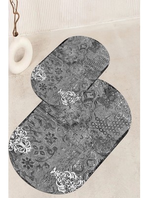 PremiumPort Dijital Baskılı Kaymaz Taban Oval Banyo Paspası 2'li Set