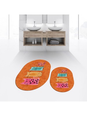 PremiumPort Yıkanabilir Oval Ikili Banyo Paspası Klozet Takımı Turuncu