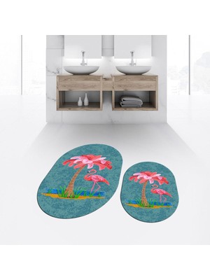 PremiumPort Dijital Baskılı Kaymaz Taban Oval Ikili Banyo Paspas Klozet Takımı