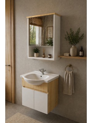 Makbulce Darende 55CM Seramik Lavabolu Mdf Aynalı Banyo Dolabı