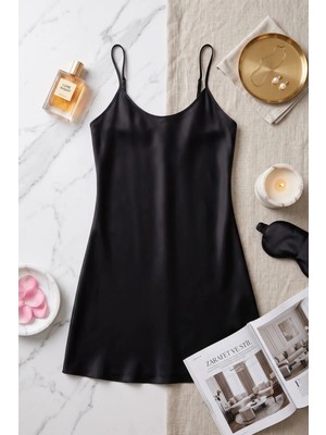 QKK Kadın Siyah Saten Gecelik Ince Askılı Mini Gecelik Takımı