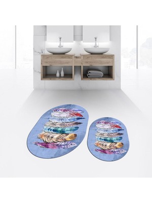 PremiumPort Dijital Baskılı Oval Ikili Banyo Paspası ve Klozet Takımı Mavi