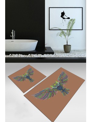 PremiumPort Yıkanabilir Kuş Desenli Dijital Baskılı Ikili Banyo ve Klozet Takımı