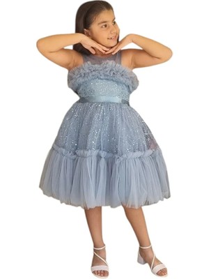 Ahsenim Bebe Göğüs Fırfırlı Pullu Kısa Kız Çocuk Abiye Elbise