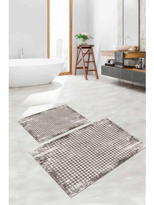 PremiumPort Yıkanabilir Kare Desenli Banyo Paspası ve Klozet Takımı Seti