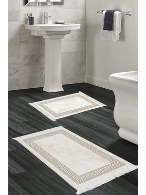 PremiumPort Kaymaz Tabanlı Modern Banyo Paspas Takımı, Saçaklı, Krem Renk, 2'li Set