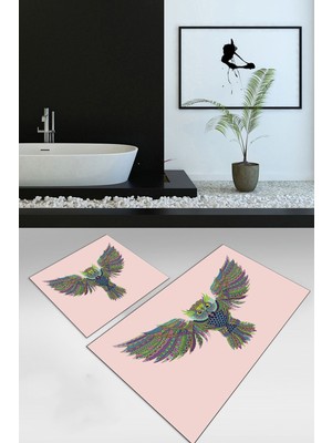 PremiumPort Yıkanabilir Kuş Desenli Dijital Baskılı Ikili Banyo ve Klozet Takımı