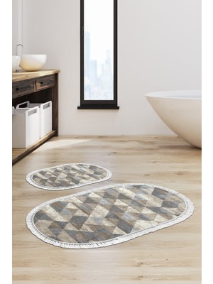 PremiumPort Yıkanabilir Oval Banyo Paspası, Bej, 50X80/40X50, Şık ve Konforlu