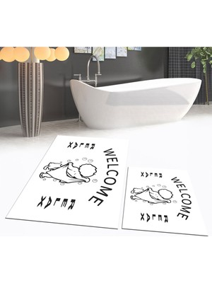 PremiumPort Yıkanabilir Dijital Baskılı Kaymaz Taban Ikili Banyo Paspas Seti