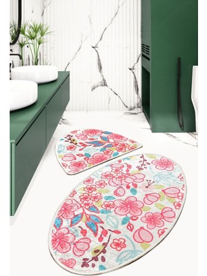PremiumPort Yıkanabilir Oval Banyo Halısı Çiftli Kaymaz Taban Seti