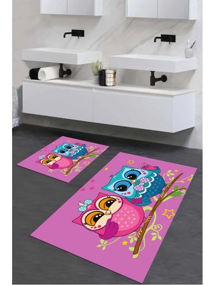 PremiumPort Renkli Baykuş Desenli Yıkanabilir Banyo Paspası ve Klozet Takımı Seti