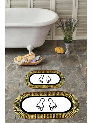 PremiumPort Dijital Yıkanabilir Çerçeveli Oval Banyo Paspası ve Klozet Takımı