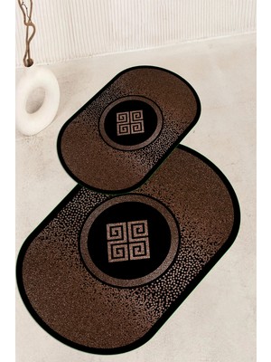 PremiumPort Dijital Baskılı Kaymaz Taban Yıkanabilir Oval Banyo Paspası 2'li Takım