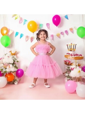 Ahsenim Bebe Göğüs Fırfırlı Kız Çocuk Abiye Elbise 5-10 Yaş