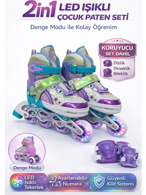 Yıldırım Oyuncak 2in1 LED Işıklı Deniz Kızı Çocuk Pateni + Koruyucu Set (Dizlik Dirseklik Bileklik) Taşıma Çantalı