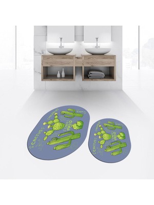 PremiumPort Dijital Baskılı Kaymaz Taban Yıkanabilir Oval Banyo Paspas Takımı