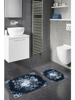 PremiumPort Yıkanabilir Çiçek Desenli Dijital Kaymaz Banyo Paspası Takımı