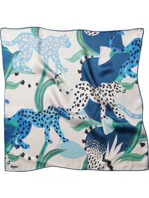 Silqoora %100 Ipek Bandana Fular Art COLLECTION(55X55 Cm)-Azure Felis