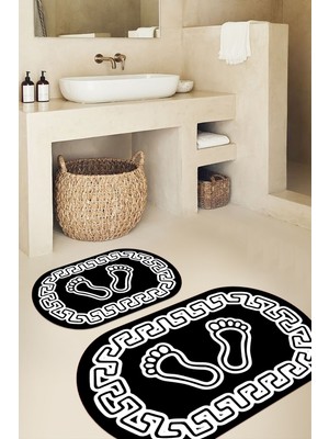 PremiumPort Yıkanabilir Ayak Izi Desenli Oval Banyo Paspası, 2'li Klozet Takımı