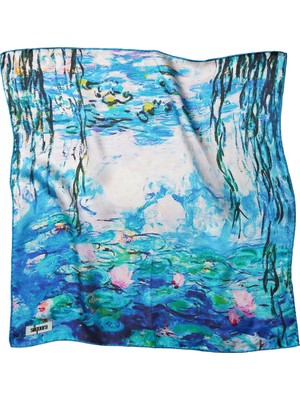 Silqoora %100 Ipek Bandana Fular Art Collection (55X55 Cm)-Claude Monet (Nilüferler)